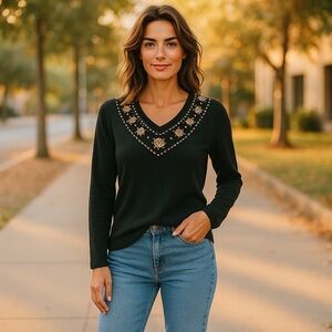 Willi Smith Black 3/4 Sleeve Embellished Knit Jersey Top V Neck brass details